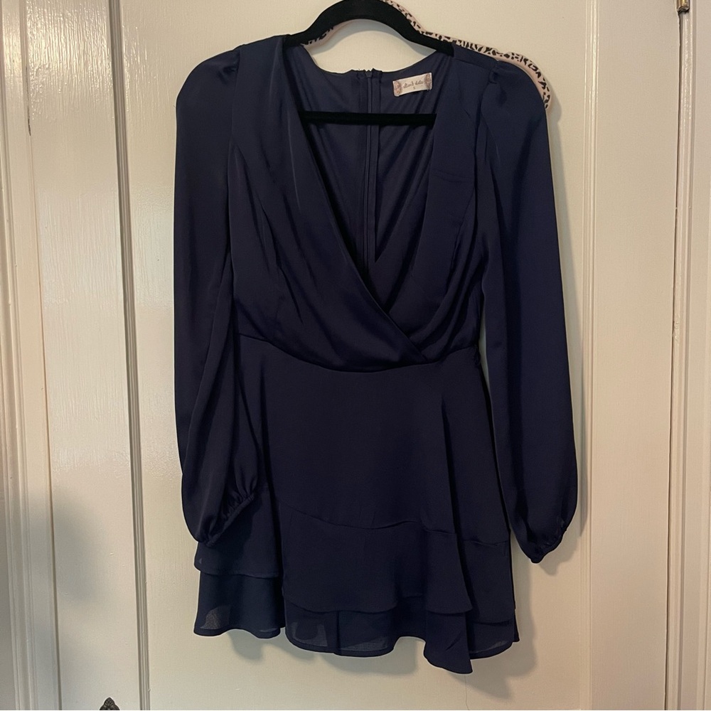 Altar'd State Navy Blue Satin Long Sleeve Wrap Romper - Picture 4 of 4